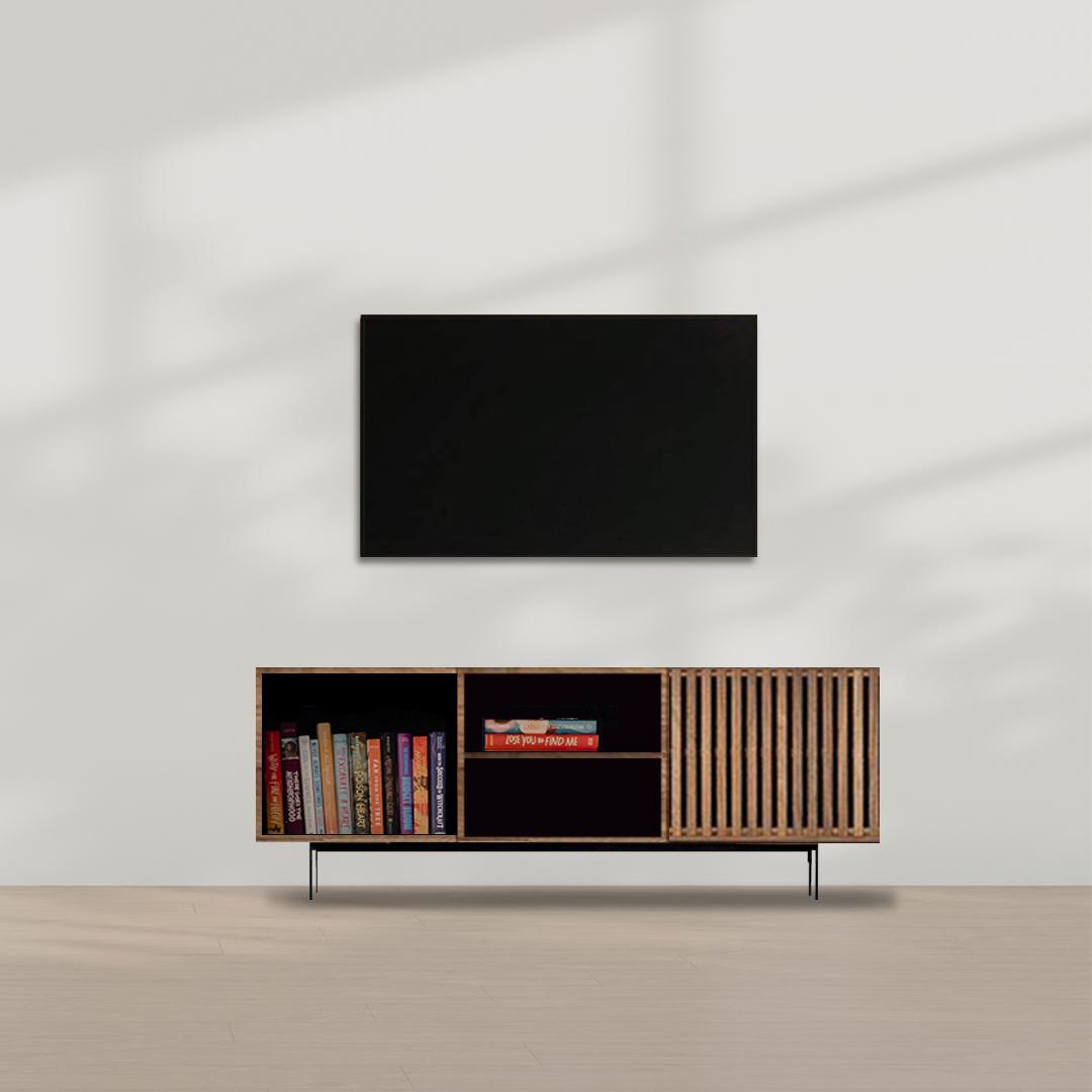 Mid-Century TV Book Shelf 1.2m with Metal Legs & Mahogany Vented Door