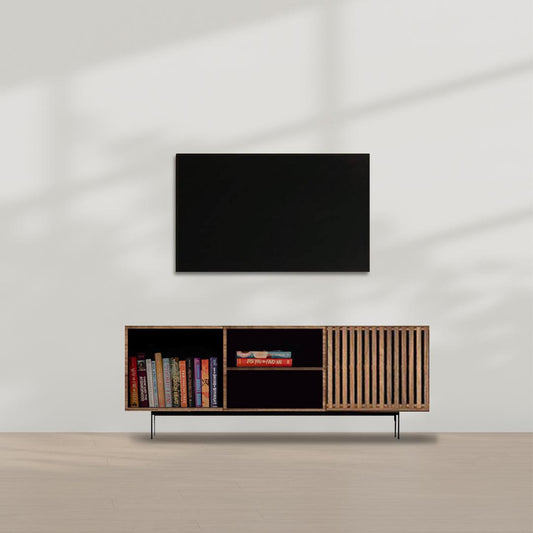 Mid-Century TV Book Shelf 1.2m with Metal Legs & Mahogany Vented Door