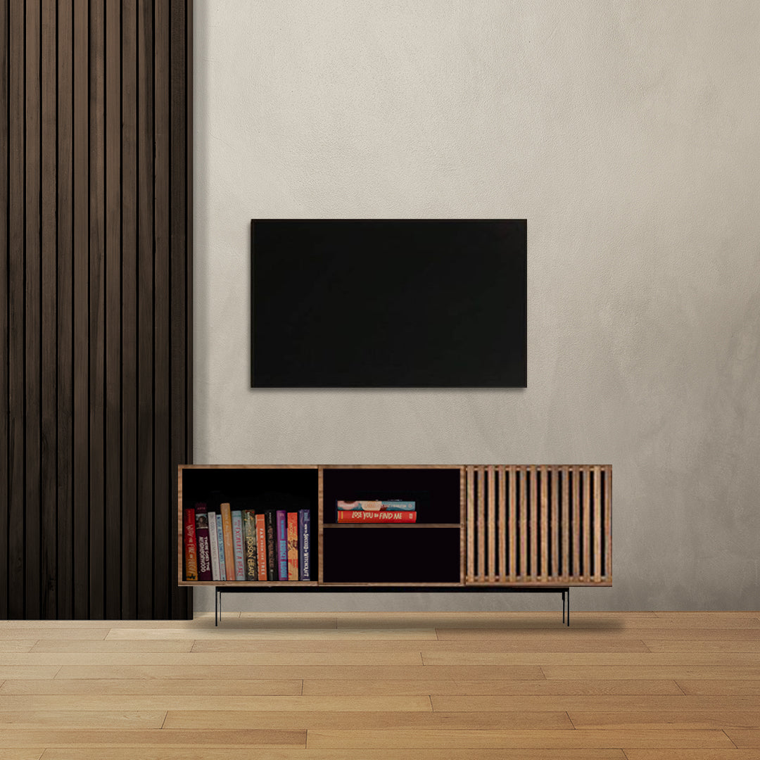 Mid-Century Wooden TV Stand  1.2m with Metal Legs & Mahogany Vented Door